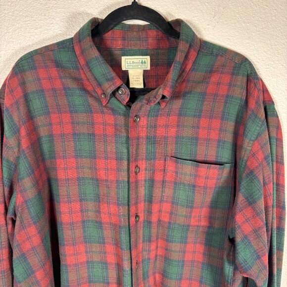 L.L. Bean Green Red Plaid Check Long Sleeve Pocket Button Down Shirt Size XL - Picture 4 of 8